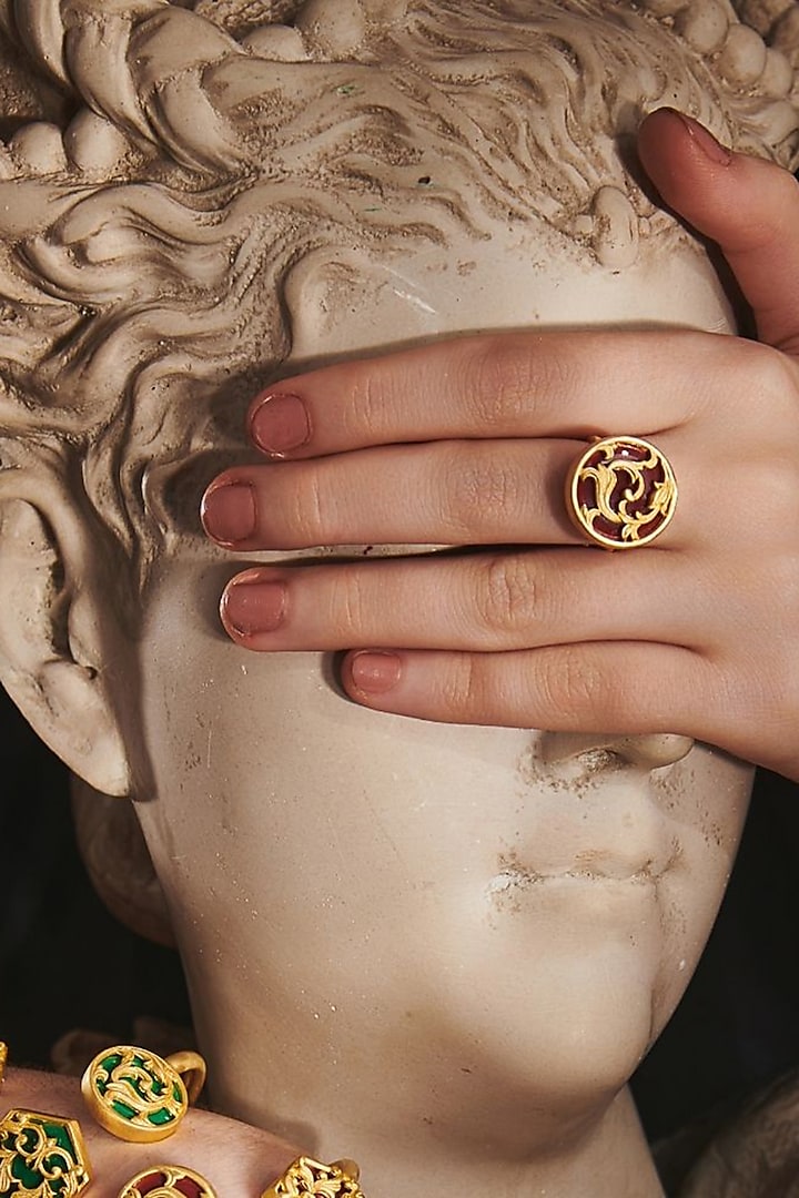 Gold Plated Garnet Enameled Floral Disc Ring by Melrosia at Pernia's Pop Up Shop