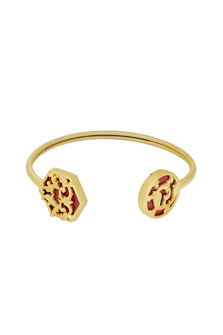 Gold Plated Garnet Enameled Floral Cuff Bracelet by Melrosia