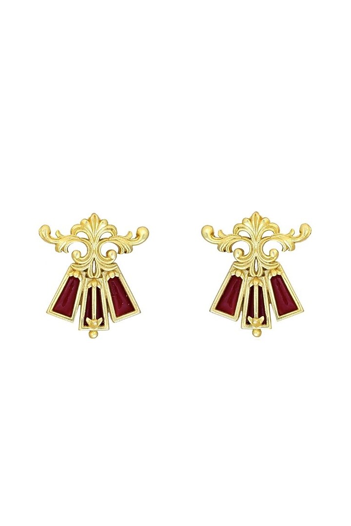 Gold Plated Garnet Enameled Floral Stud Earrings by Melrosia at Pernia's Pop Up Shop