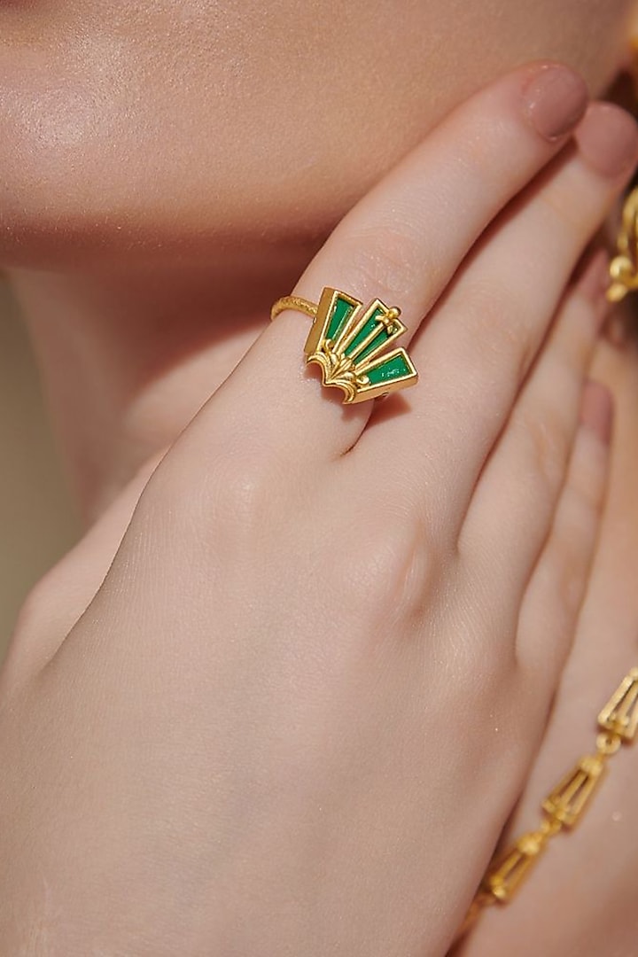 Gold Plated Green Enameled Floral Ring by Melrosia at Pernia's Pop Up Shop