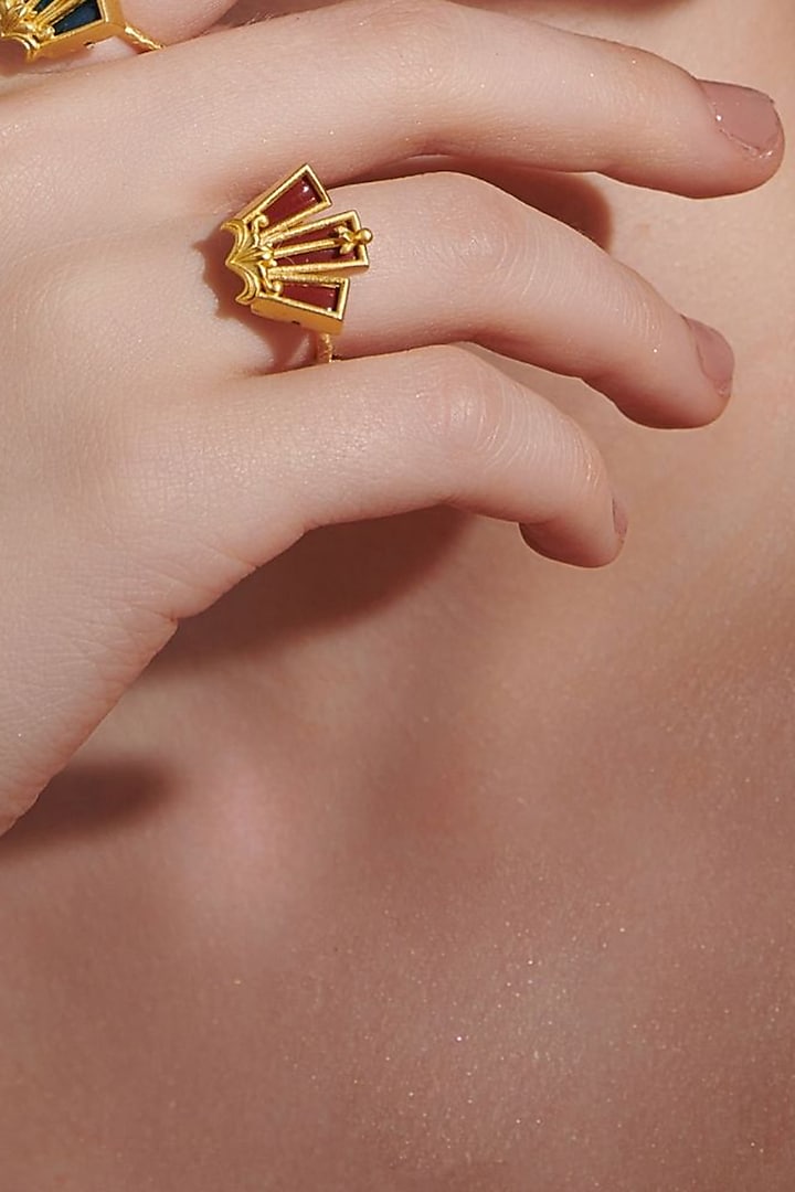 Gold Plated Garnet Enameled Floral Ring by Melrosia at Pernia's Pop Up Shop