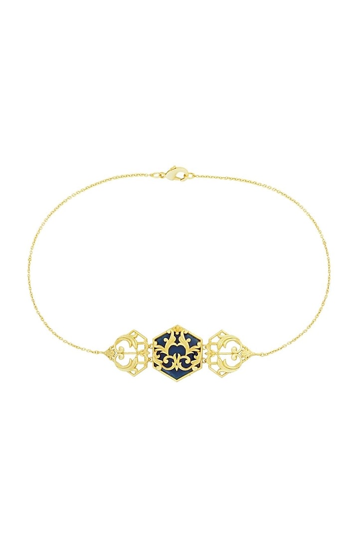 Gold Plated Blue Enameled Floral Choker Necklace by Melrosia