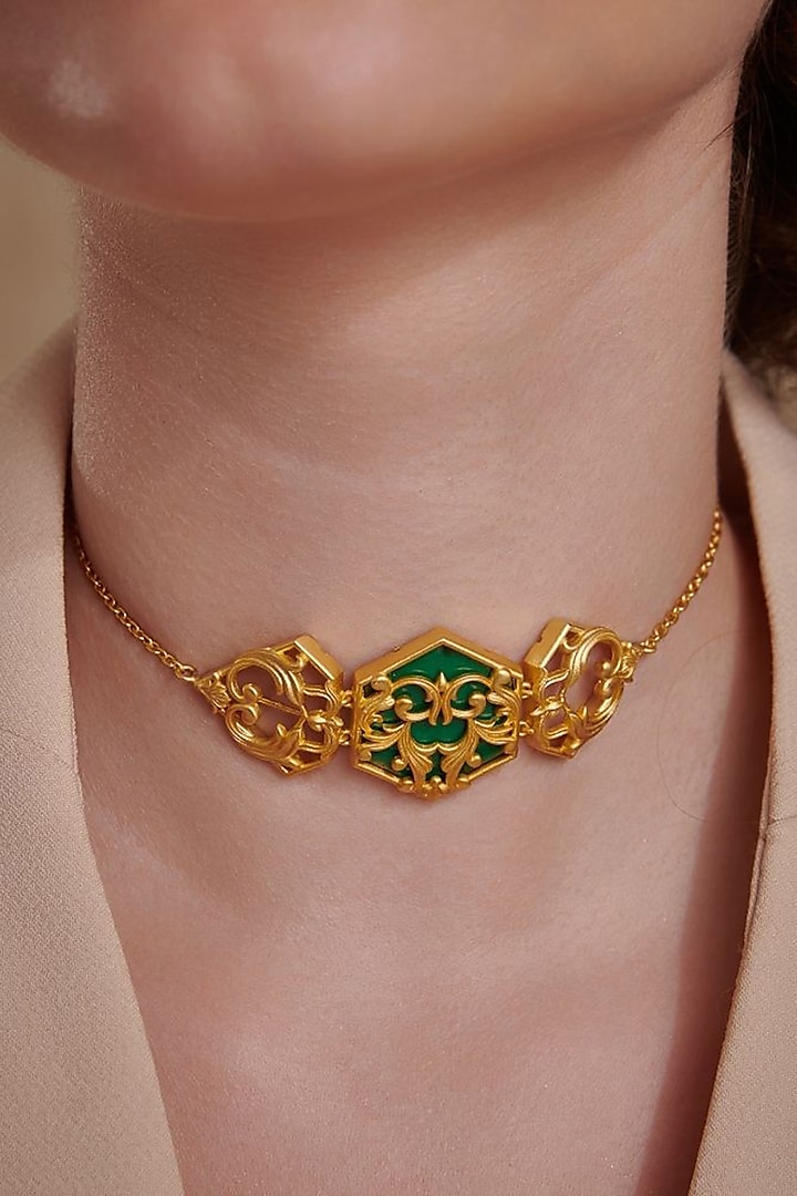Gold Plated Green Enameled Floral Choker Necklace by Melrosia