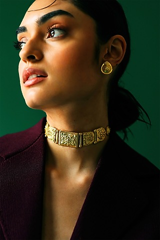 Gold Plated Floral & Temple Motifs Adjustable Choker Necklace by Melrosia