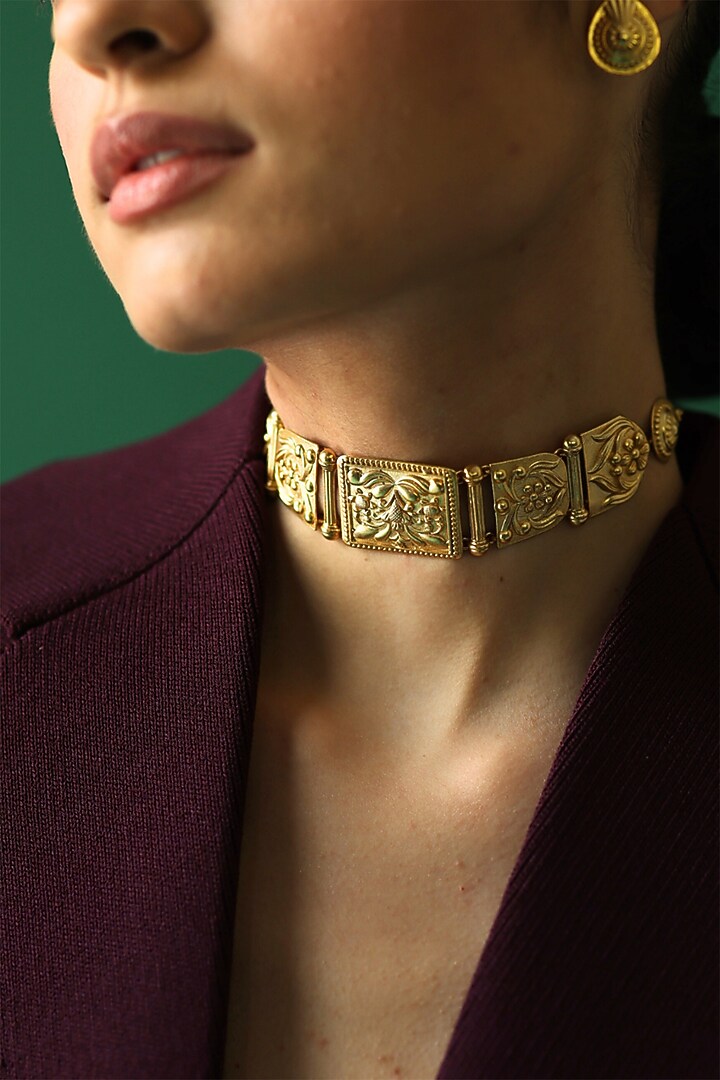 Gold Plated Floral & Temple Motifs Adjustable Choker Necklace by Melrosia at Pernia's Pop Up Shop