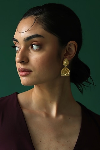 Gold Plated Floral & Temple Motifs Dangler Earrings by Melrosia