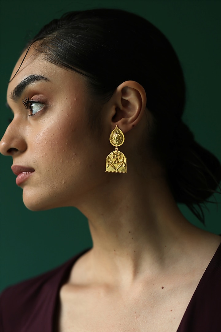 Gold Plated Floral & Temple Motifs Dangler Earrings by Melrosia at Pernia's Pop Up Shop