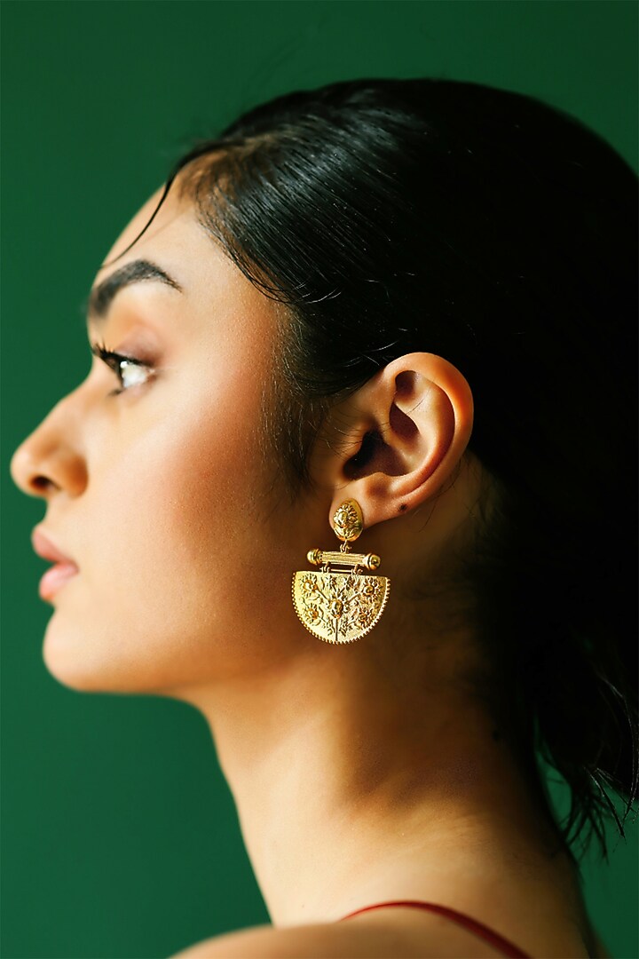 Gold Plated Floral Motifs Half-Moon Earrings by Melrosia at Pernia's Pop Up Shop