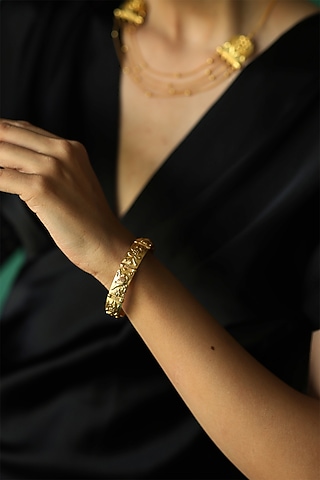 Gold Plated Floral & Bird Motif Cuff by Melrosia