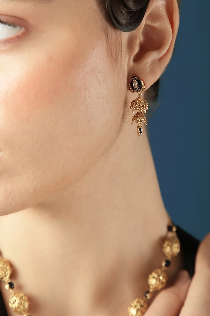 Gold Finish Filigree Zircon Enameled Dangler Earrings by Melrosia at Pernia's Pop Up Shop