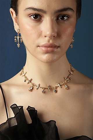 Gold Finish Crystal & Baroque Charm Enameled Necklace by Melrosia