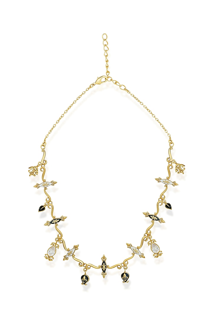 Gold Finish Crystal & Baroque Charm Enameled Necklace by Melrosia at Pernia's Pop Up Shop