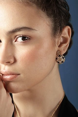 Gold Finish Zircon Baroque Enameled Dangler Earrings by Melrosia