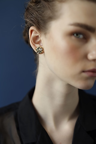 Gold Finish Crystal Black Enameled Baroque Stud Earrings by Melrosia