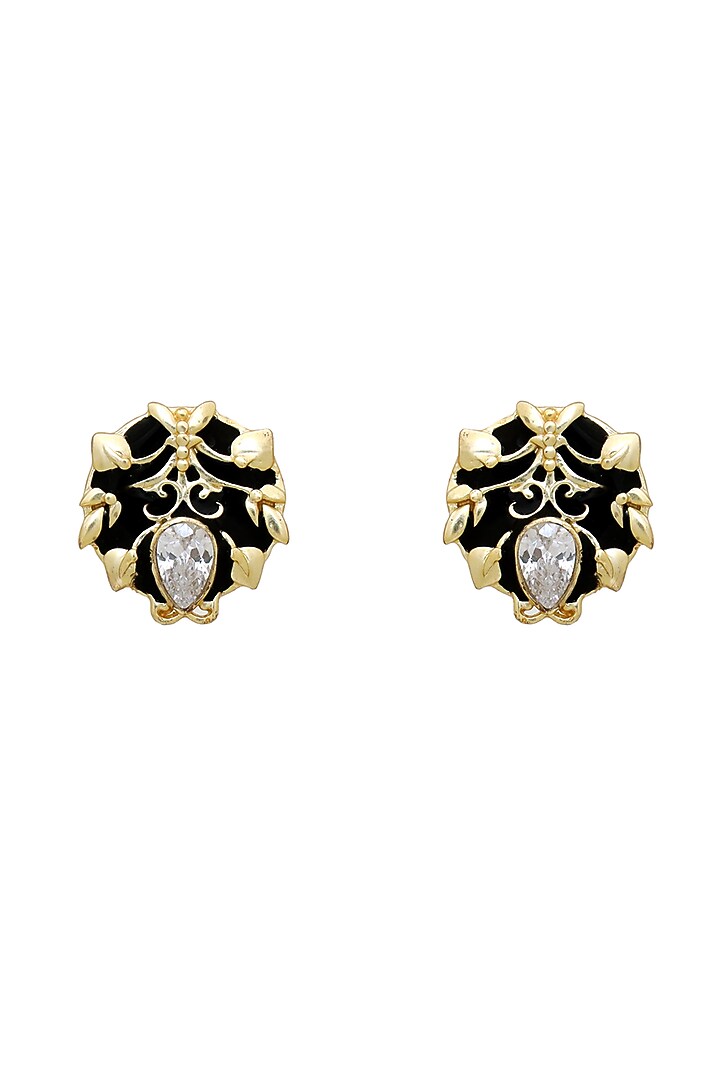 Gold Finish Crystal Black Enameled Baroque Stud Earrings by Melrosia at Pernia's Pop Up Shop