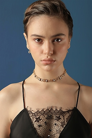 Gold Finish Zircon Baroque Filigree Enameled Choker Necklace by Melrosia
