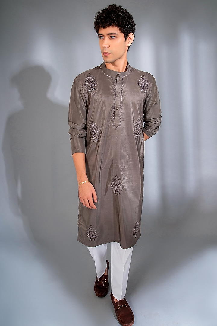 Brownish Grey Pure Dupion Silk Dabka Embroidered Kurta Set by Menero