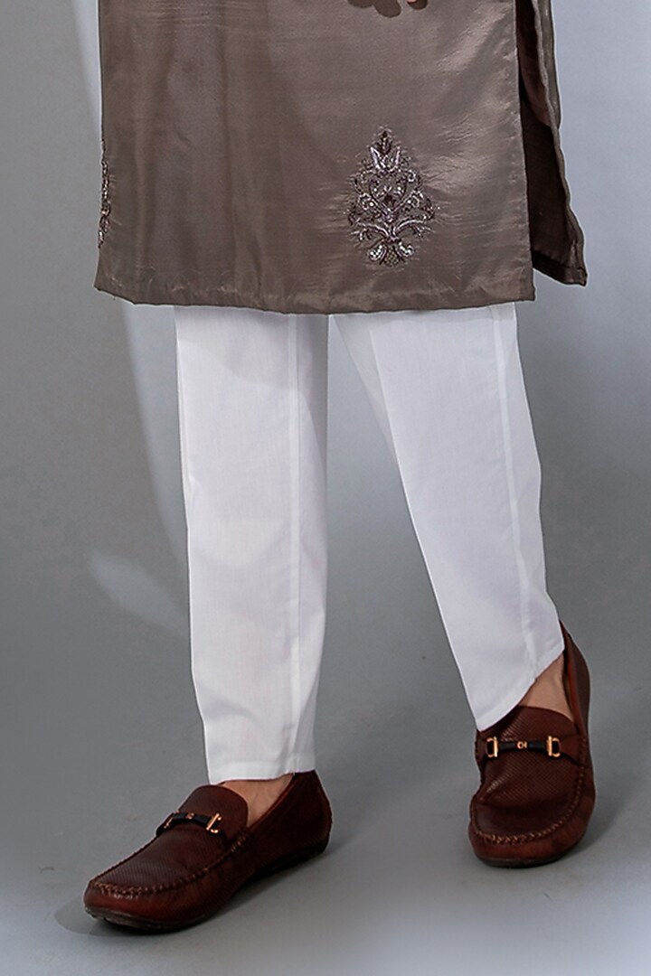Brownish Grey Pure Dupion Silk Dabka Embroidered Kurta Set by Menero at Pernia's Pop Up Shop