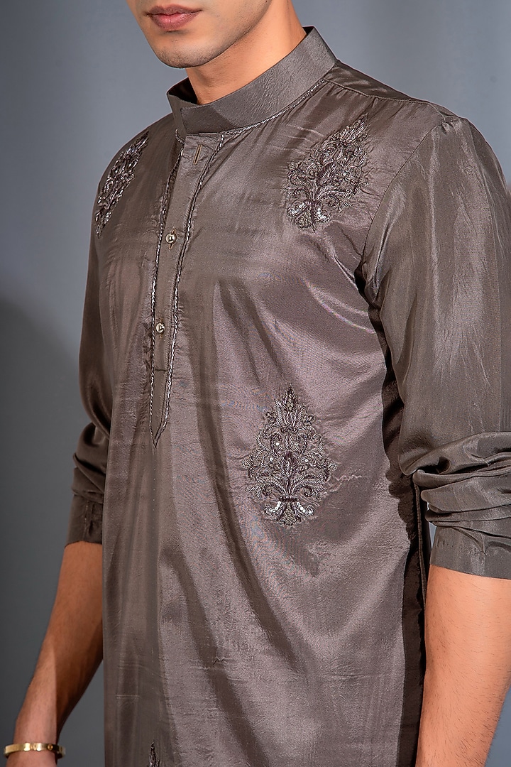 Brownish Grey Pure Dupion Silk Dabka Embroidered Kurta Set by Menero at Pernia's Pop Up Shop