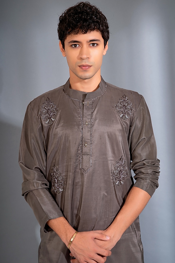 Brownish Grey Pure Dupion Silk Dabka Embroidered Kurta Set by Menero at Pernia's Pop Up Shop