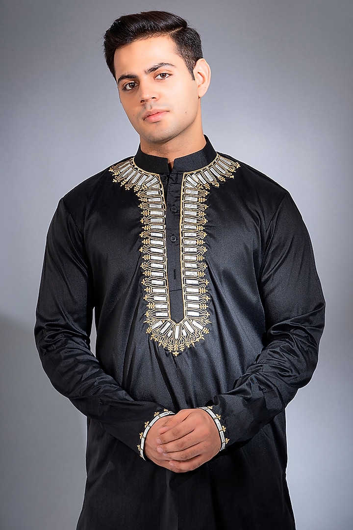 Black Pure Dupion Silk Leather Embroidered Kurta Set by Menero at Pernia's Pop Up Shop