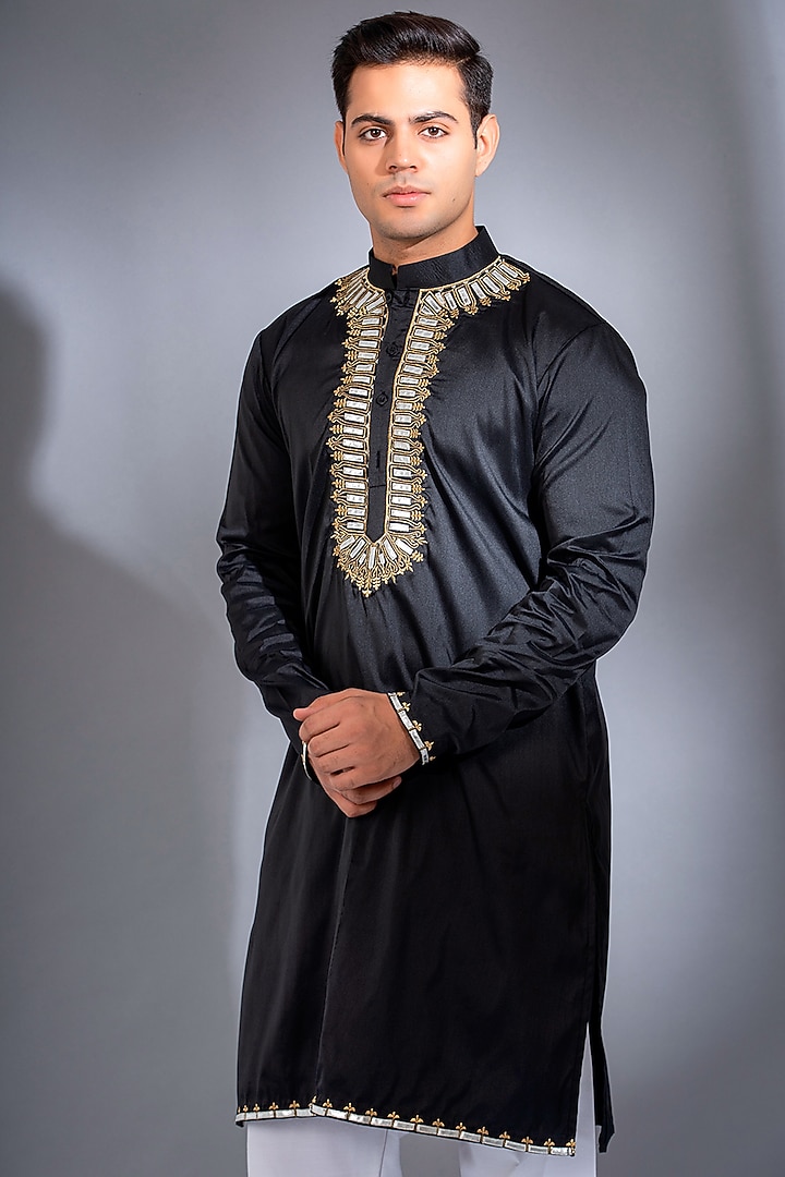 Black Pure Dupion Silk Leather Embroidered Kurta Set by Menero at Pernia's Pop Up Shop