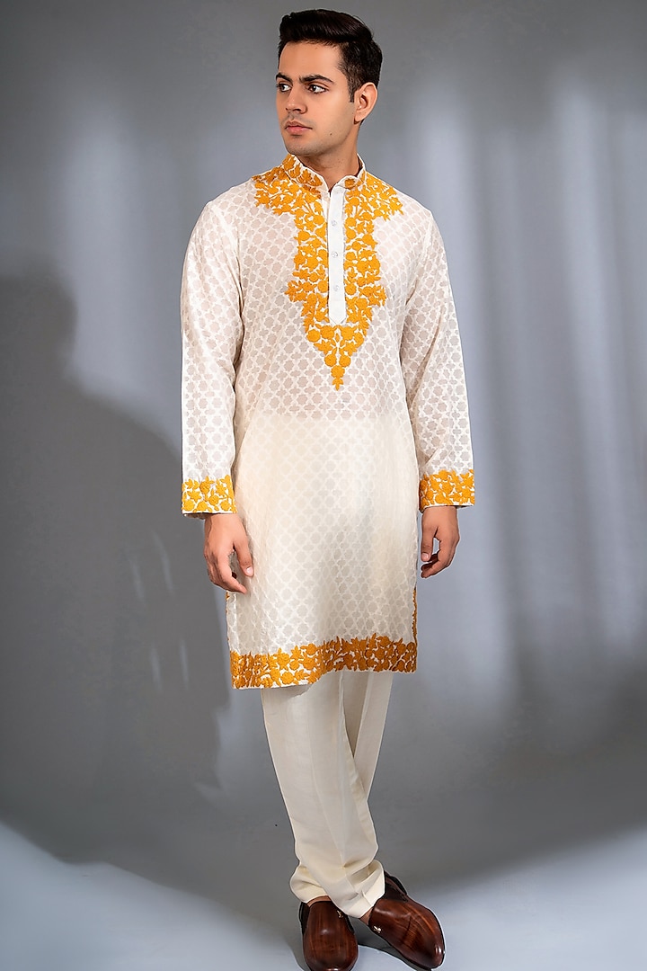 Off-White Cotton Silk Embroidered Kurta Set by Menero