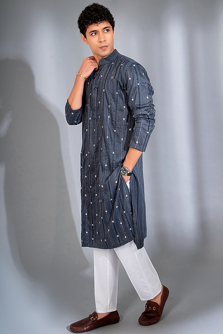 Light Midnight Blue Cotton Silk Hand Embroidered Kurta Set by Menero