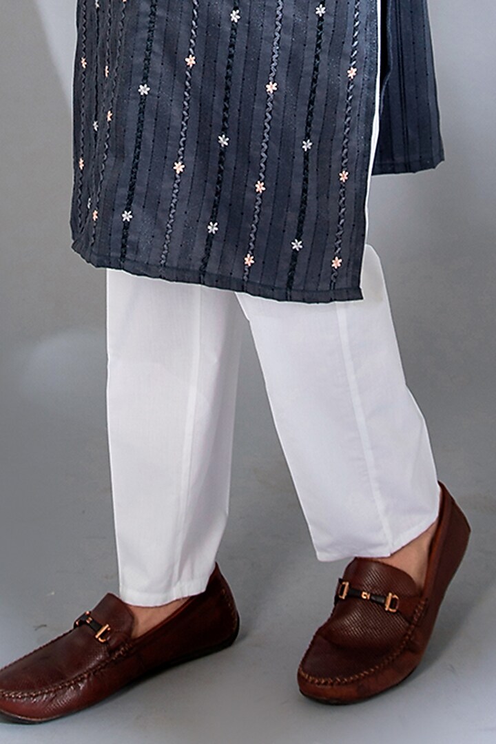 Light Midnight Blue Cotton Silk Hand Embroidered Kurta Set by Menero at Pernia's Pop Up Shop