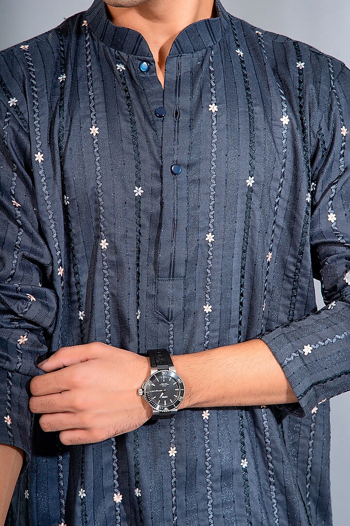 Light Midnight Blue Cotton Silk Hand Embroidered Kurta Set by Menero at Pernia's Pop Up Shop