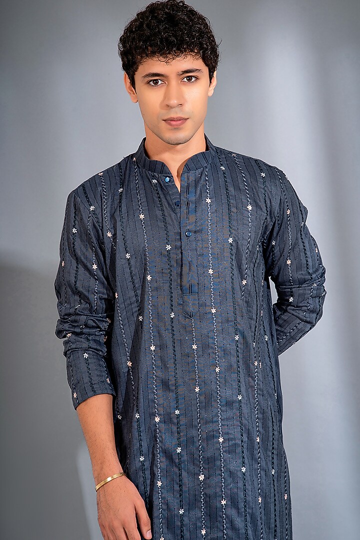 Light Midnight Blue Cotton Silk Hand Embroidered Kurta Set by Menero at Pernia's Pop Up Shop