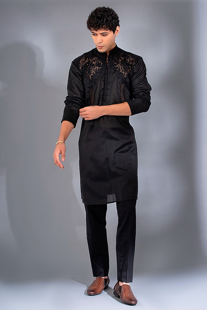 Black Pure Dupion SIlk & Organza Motif Embroidered Kurta Set by Menero