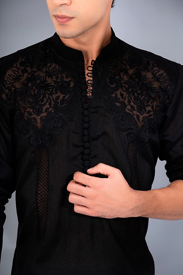 Black Pure Dupion SIlk & Organza Motif Embroidered Kurta Set by Menero at Pernia's Pop Up Shop