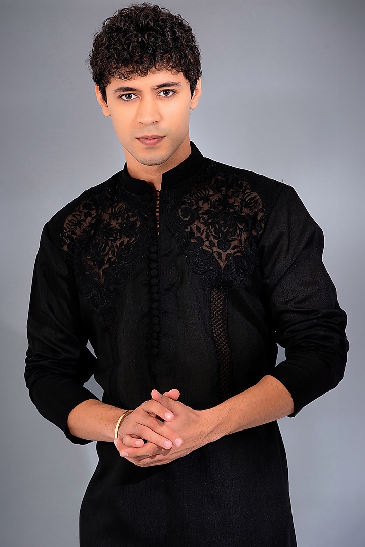 Black Pure Dupion SIlk & Organza Motif Embroidered Kurta Set by Menero at Pernia's Pop Up Shop
