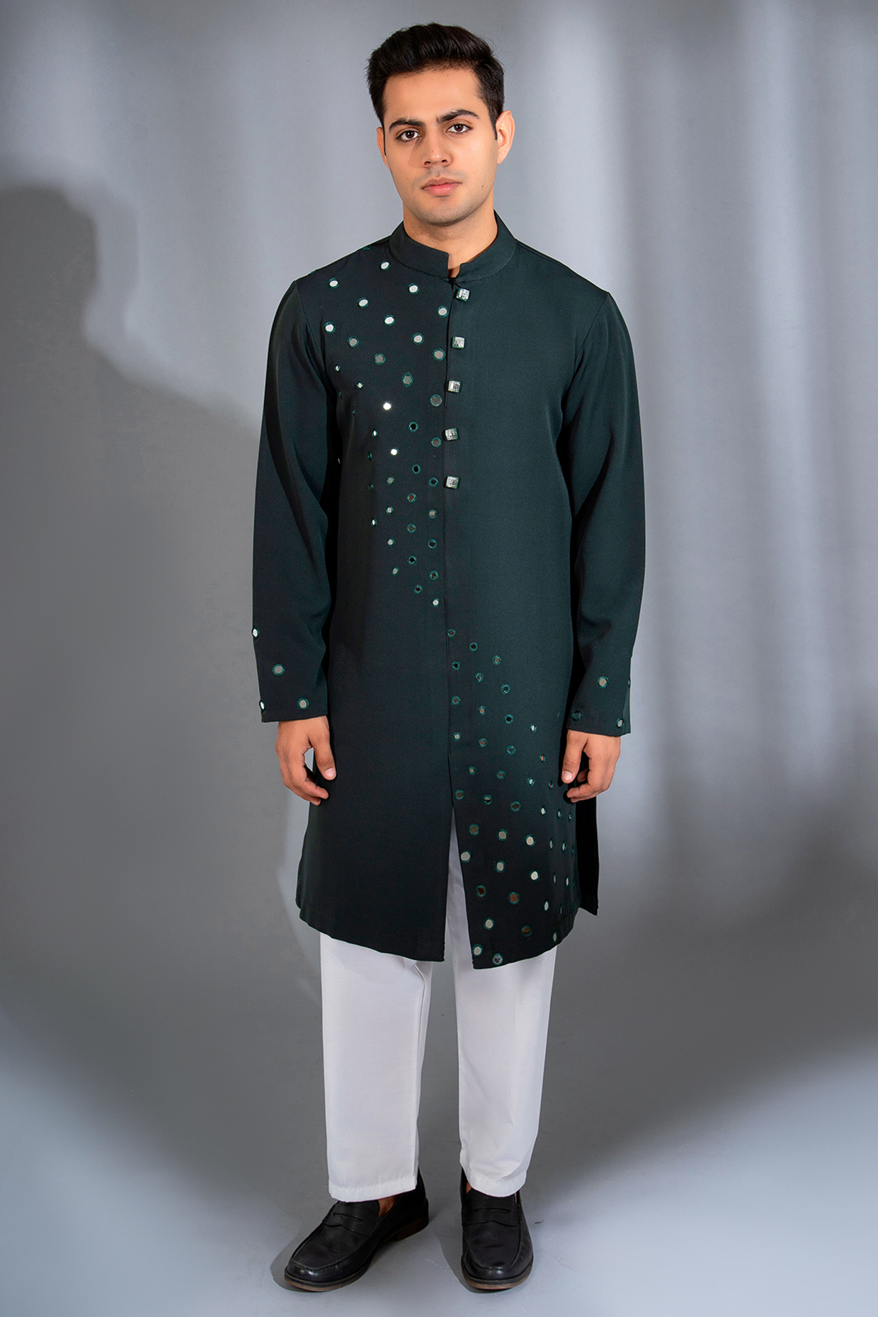 Bottle Green Crepe Lycra Mirror Work Kurta Set by Menero at Pernia's Pop Up Shop
