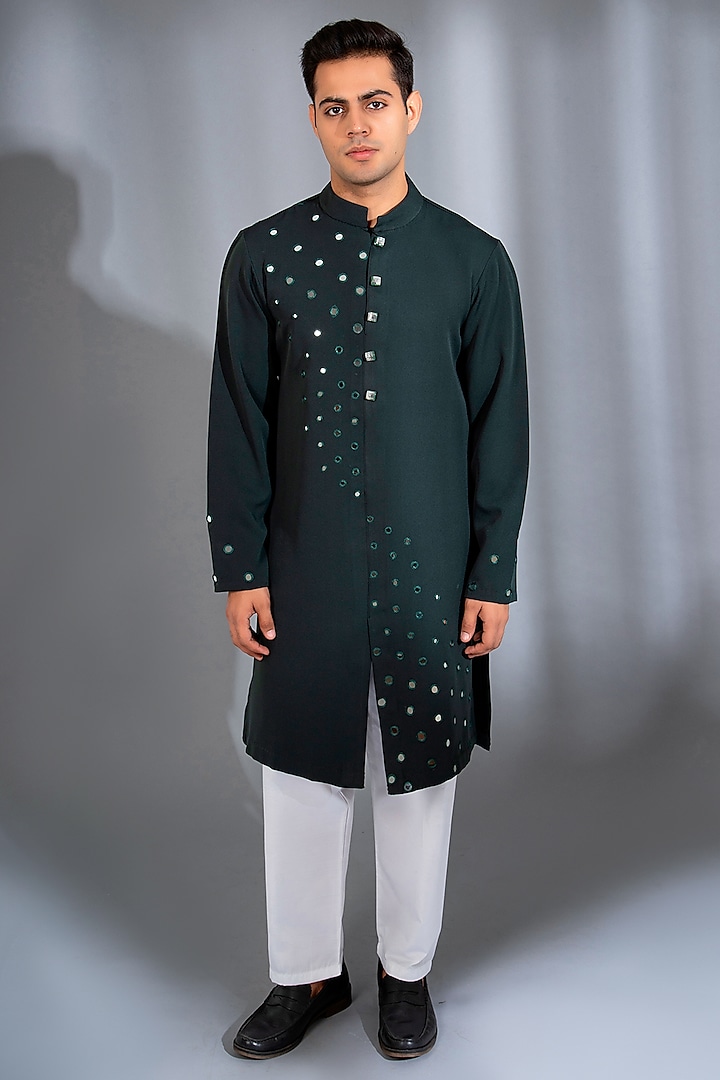 Bottle Green Crepe Lycra Mirror Work Kurta Set by Menero at Pernia's Pop Up Shop