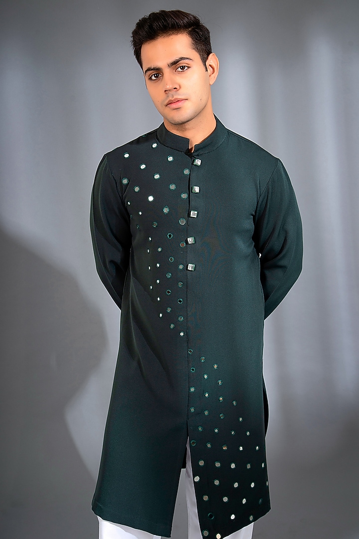 Bottle Green Crepe Lycra Mirror Work Kurta Set by Menero at Pernia's Pop Up Shop