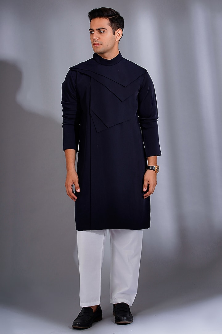 Navy Blue Crepe Lycra Bandhgala Kurta Set by Menero at Pernia's Pop Up Shop