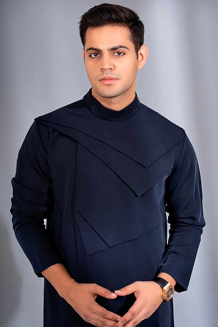 Navy Blue Crepe Lycra Bandhgala Kurta Set by Menero at Pernia's Pop Up Shop