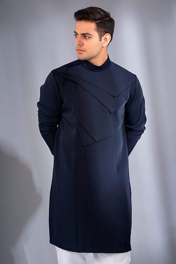 Navy Blue Crepe Lycra Bandhgala Kurta Set by Menero at Pernia's Pop Up Shop
