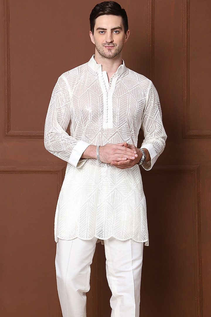 White Georgette Short Kurta Set by Menero at Pernia's Pop Up Shop
