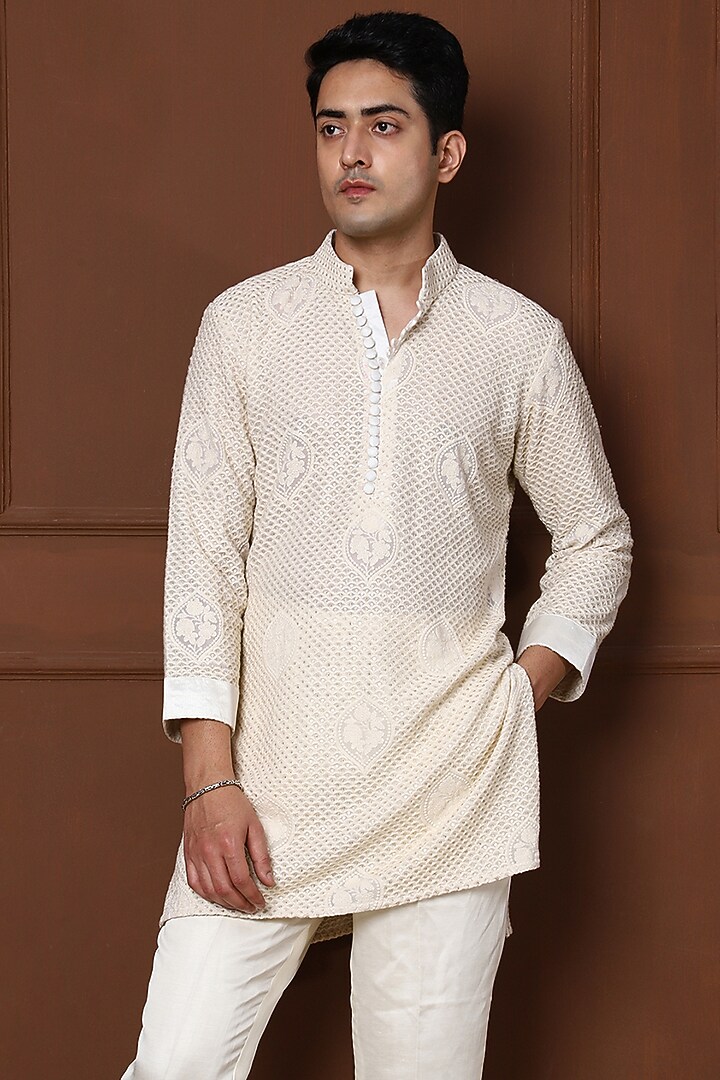 Light Cream Georgette Machine Embroidered Short Kurta Set by Menero at Pernia's Pop Up Shop