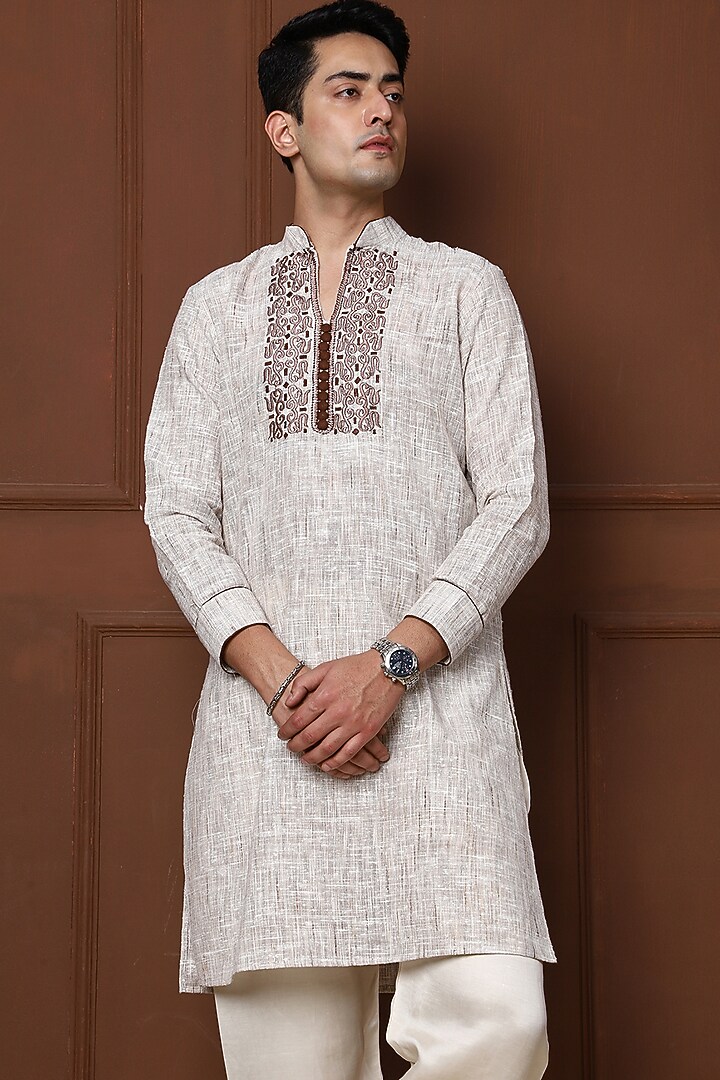 Light Brown Khadi Silk Embroidered Kurta Set by Menero at Pernia's Pop Up Shop