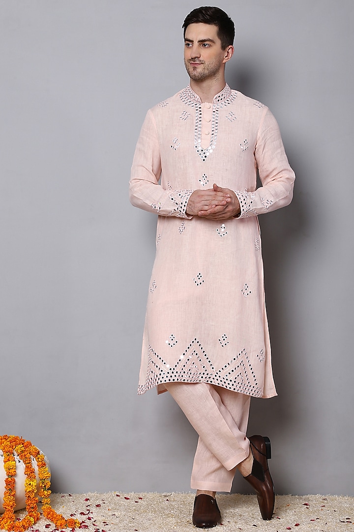 Light Peach Pure Linen Mirror Embroidered Kurta Set by Menero