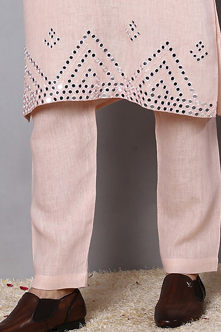 Light Peach Pure Linen Mirror Embroidered Kurta Set by Menero at Pernia's Pop Up Shop