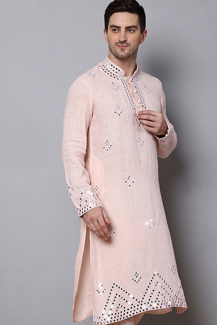 Light Peach Pure Linen Mirror Embroidered Kurta Set by Menero at Pernia's Pop Up Shop