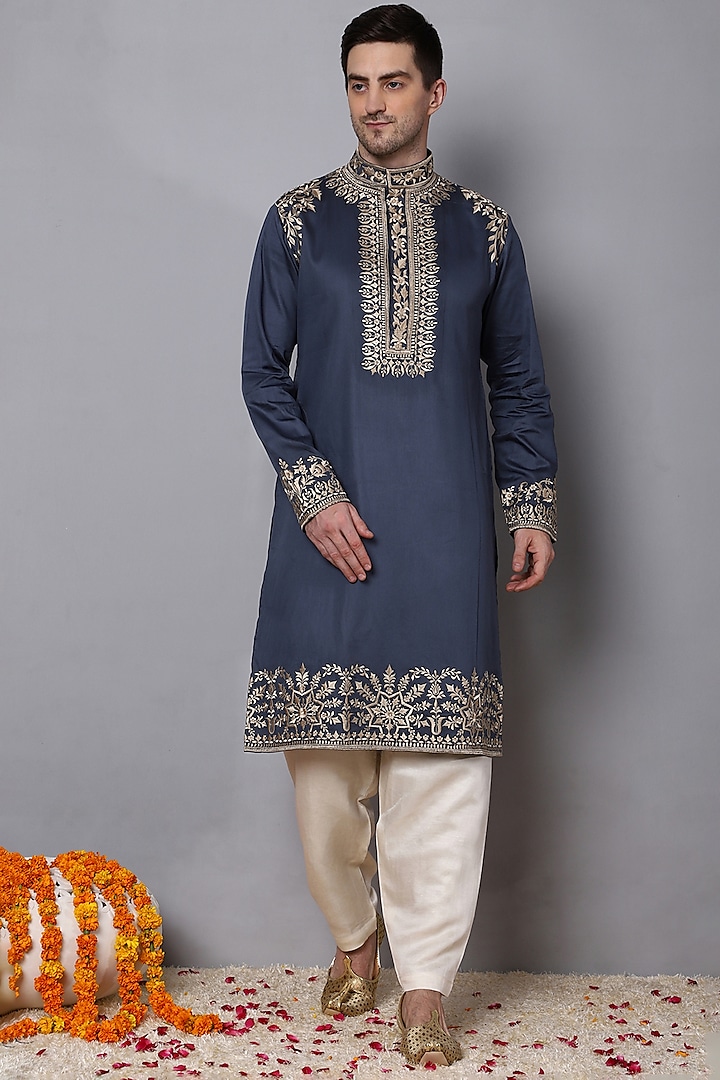 Midnight Blue Pure Cotton Embroidered Kurta Set by Menero