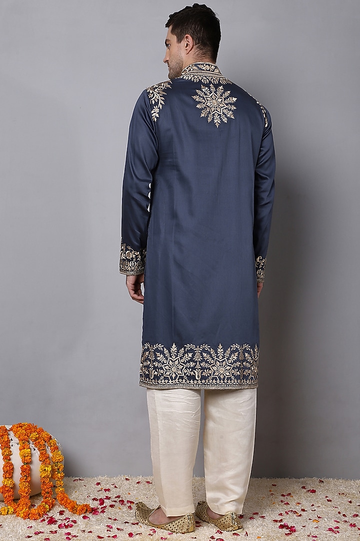Midnight Blue Pure Cotton Embroidered Kurta Set by Menero at Pernia's Pop Up Shop