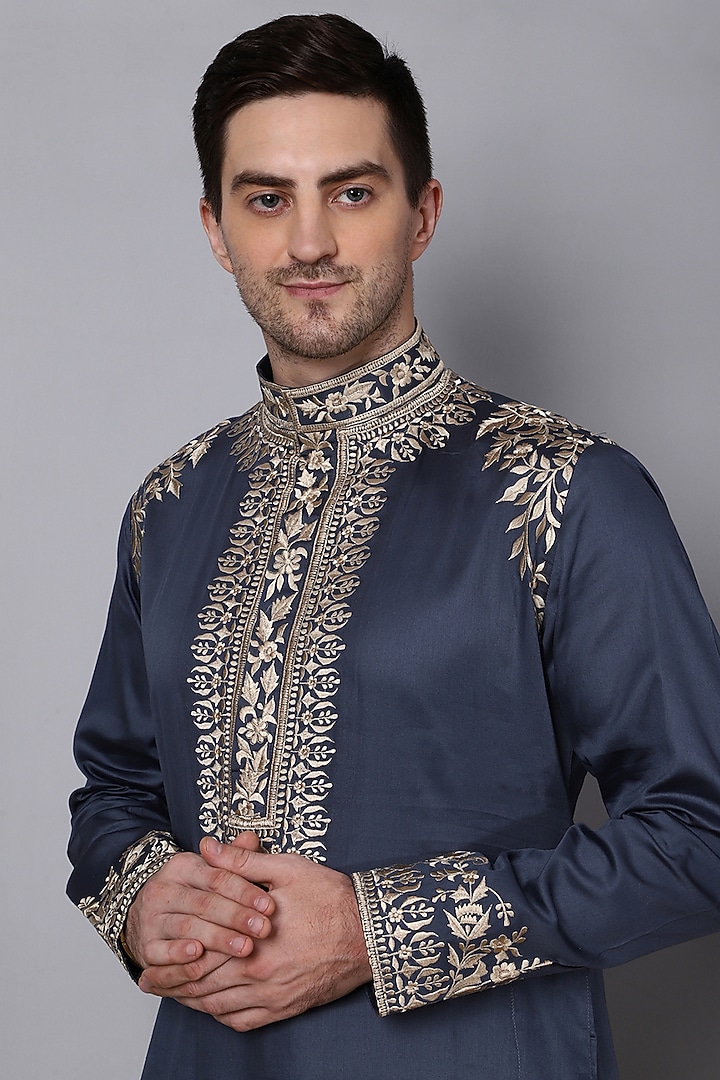 Midnight Blue Pure Cotton Embroidered Kurta Set by Menero at Pernia's Pop Up Shop