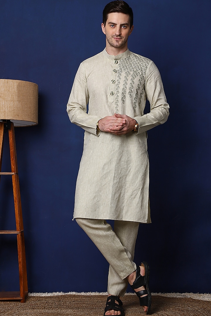 Light Mint green Pure Linen Thread Work Kurta Set by Menero